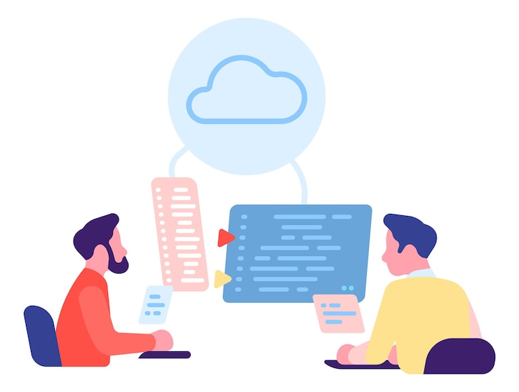 Vector programmers coding cloud computing software. digital service development isolated on white background