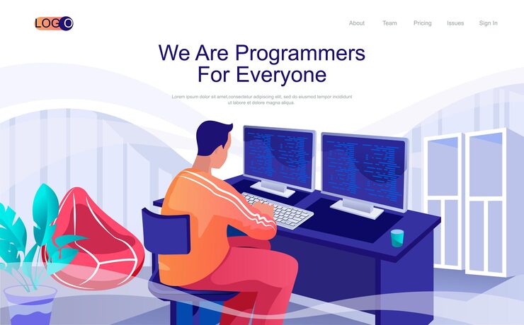 Vector programmers concept isometric landing page developer works on computers coding code