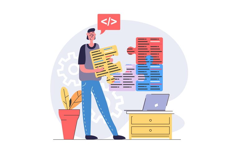 Vector programmers concept in modern flat design for web developer working with program code at laptop engineering and improving products brainstorming and finding best solutions vector illustration