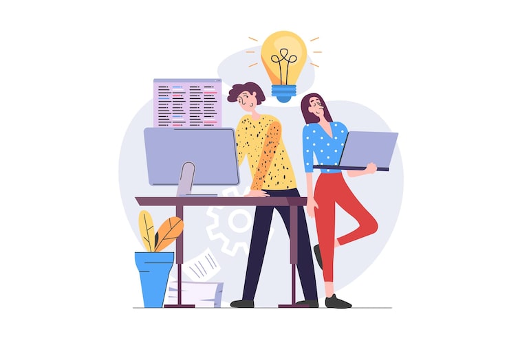 Vector programmers concept in modern flat design for web developers team working with code at laptop and computer brainstorming and creating programs and software improving products vector illustration