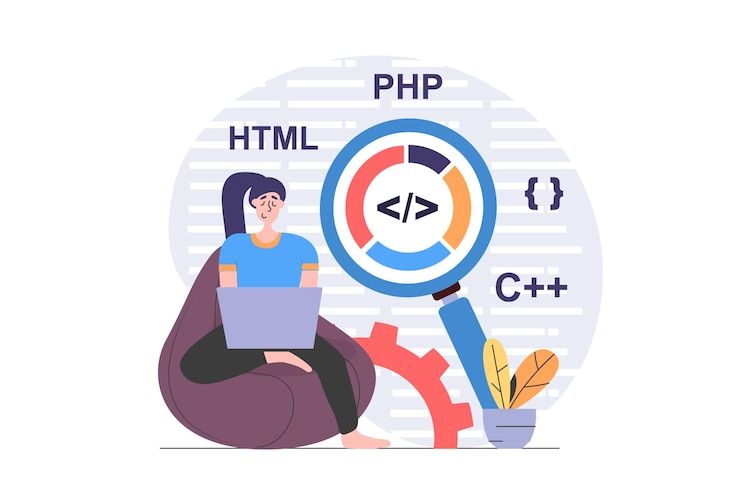 Vector programmers concept in modern flat design for web woman developer working with program code and making research at laptop improving new products and finding best solutions vector illustration