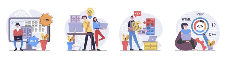 Vector programmers concept with people scenes set in flat web design collection of character situation with developers working with code creating programs engineering new software vector illustrations