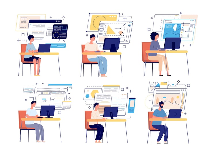Vector programmers and developers. computer game designer, web graphics or content managers. professional software develop team set. developer and programmer, software coding and programming illustration
