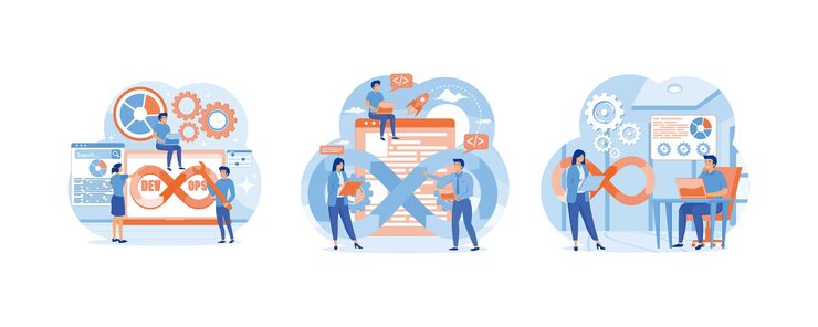 Vector 程序员实践开发和软件运营软件开发运营工作流程 dev0ps工程师与人一起设计网页设置平面向量现代插图