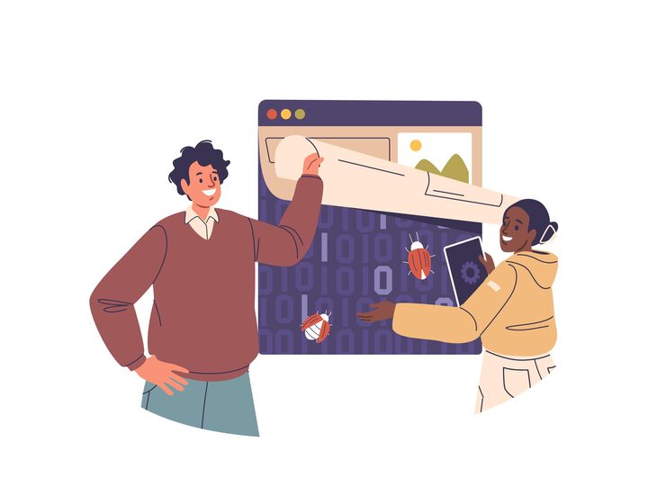 Vector programmers team characters testing website searching and finding bugs spyware technical problems
