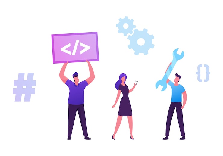 Vector programmers team working on computer at web site page online project html java css coding, cartoon flat illustration
