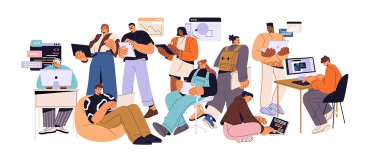 Vector 程序员团队一起在计算机上工作 编码员编程编写脚本改进代码 网络应用程序开发团队工作项目 白色背景上的平坦孤立向量插图