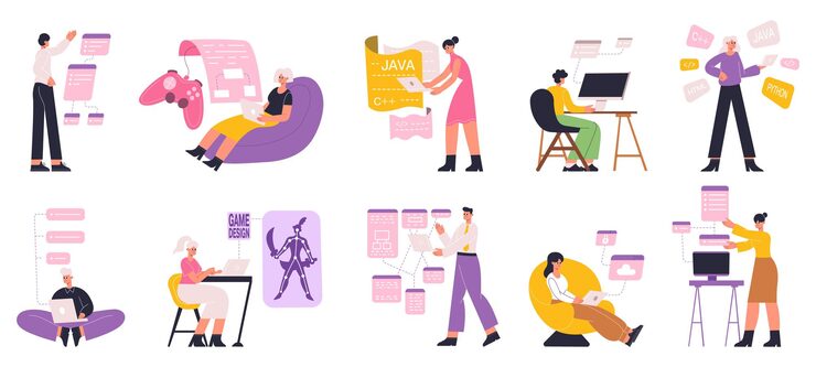 Vector programmers, web, software engineers and game designers. web, game development, script coding, software developers vector flat illustration set. digital development workers, programming by programmer