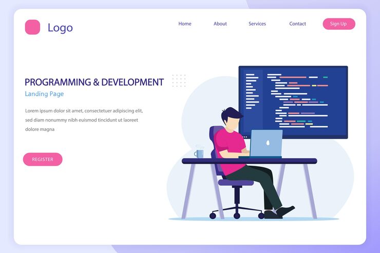 Vector programmers at work concept people work on table using laptops programming and coding programming languages css html php ui flat vector template style suitable for web landing pages