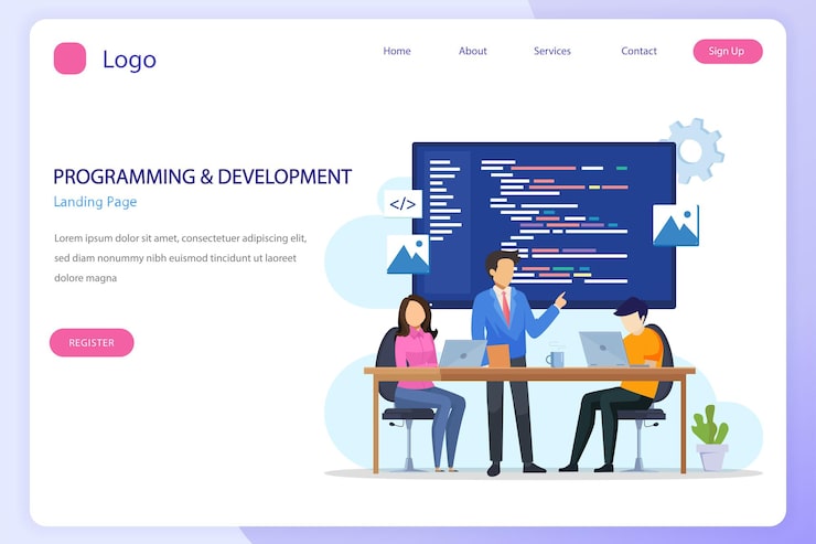 Vector programmers at work concept people work on table using laptops programming and coding programming languages css html php ui flat vector template style suitable for web landing pages