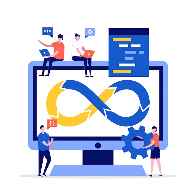 programmers at work concept with people characters and huge computer.