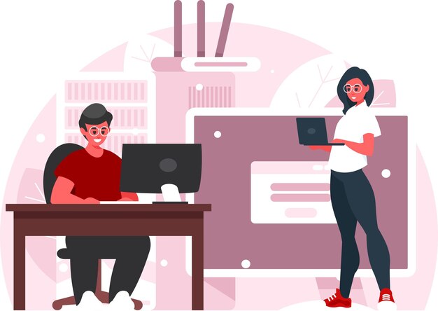 Программисты на работе Мужчина на рабочем месте, работающий на ПК Программистка с ноутбуком Вектор