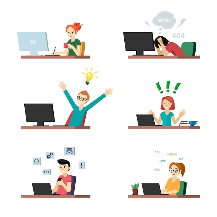 Vector programmers at work set. joyful girl at laptop and guy with new idea for coding tester in despair because of errors in program man configures application. vector creative programming