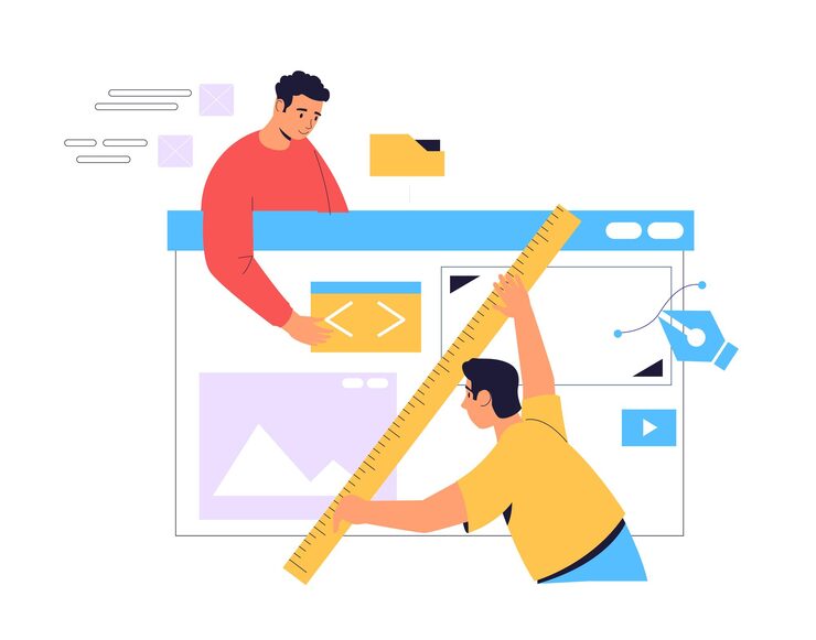 Vector programmers working together developing website adding code and design elements using large ruler and pen tool software development process programming and coding website creation and design