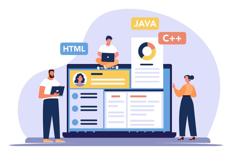 Vector programmers working on website development using different programming languages vector illustration