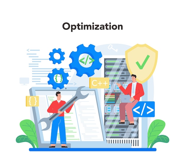 Vector programmeur concept idee van codering testen en schrijven programma met behulp van internet en verschillende software website ontwikkeling en optimalisatie geïsoleerde vectorillustratie