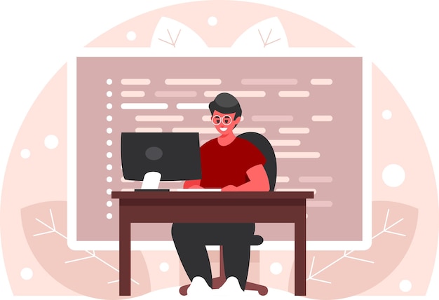 Programmeur die aan de computer werkt Man op de werkplek die aan de PC werkt Scherm met programmacode
