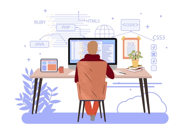 Programmeur die werkt aan computertechniek of coderingswebsite php python javascript vectorconcept