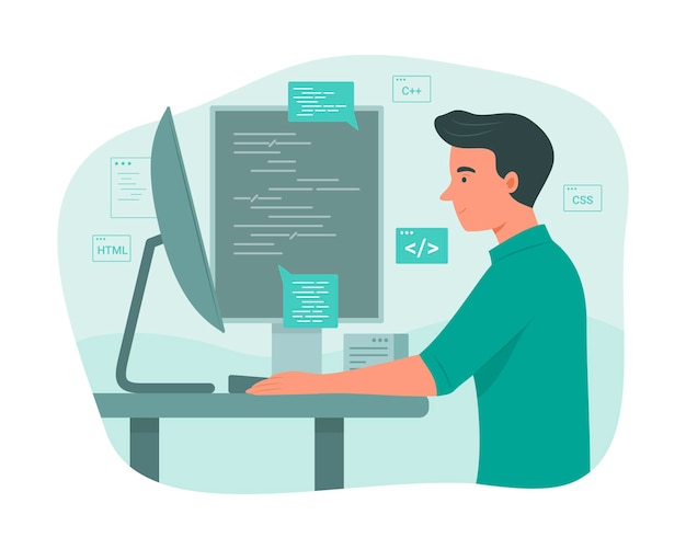 Vector programmeur man procescodering voor software development concept illustratie