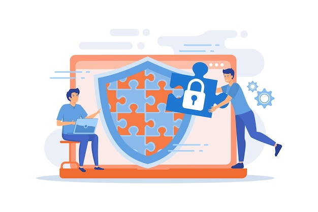 Programmeur met puzzel schild systeem monitoring netwerkverkeer. firewall,