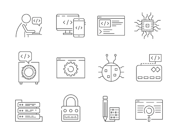 Programmeur pictogram. coder web dev werknemer bug fixes nodes qa systeem testen engineering vector dunne lijn symbolen