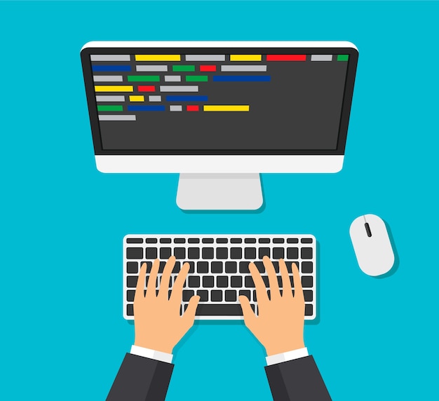 Programmeur werkt schrijven code. Man typt op toetsenbord met. Webontwikkelaar, ontwerp, programmeren. Codering