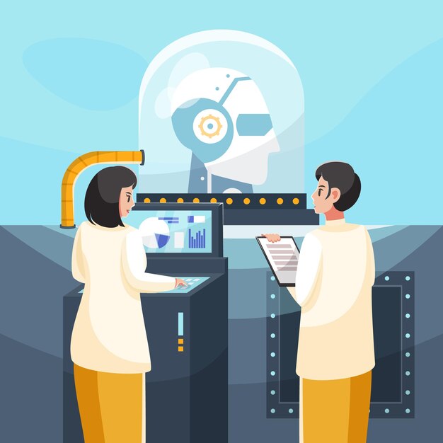 Programmeurs die het AI-robotconcept instellen