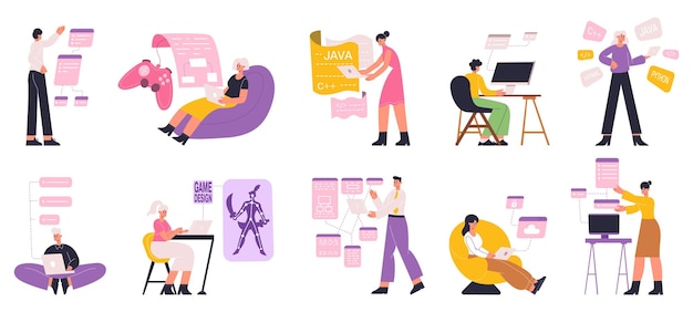 Programmeurs, web-, software-engineers en game-ontwerpers. Web, game-ontwikkeling, scriptcodering, softwareontwikkelaars vector vlakke afbeelding set. Digitale ontwikkelingswerkers, programmering door programmeur