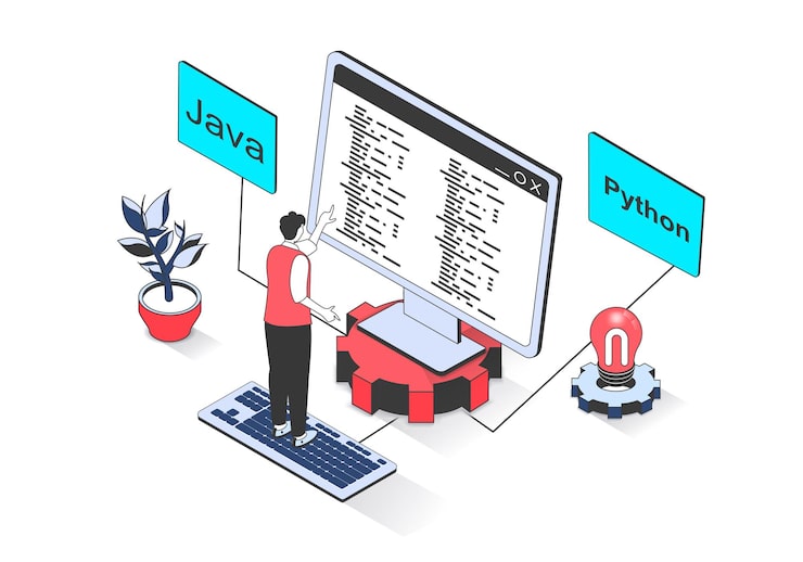 Vector programming 3d isometric concept with isometry people design for web man coding on computer screen and engineering software products working with online processing services vector illustration