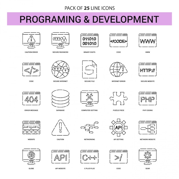 Вектор Набор иконок для программирования и разработки - 25 пунктирный стиль