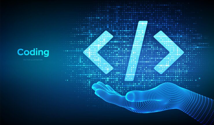 Vector programming code coding or hacker sign programming code icon made with binary code in wireframe hand