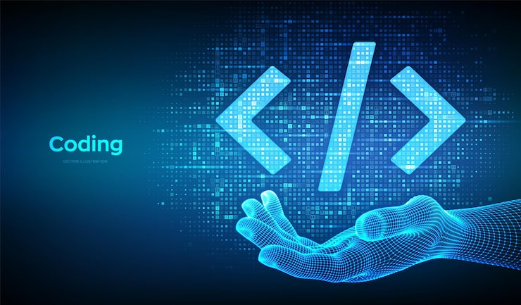 Vector programming code coding or hacker sign programming code icon made with binary code in wireframe hand