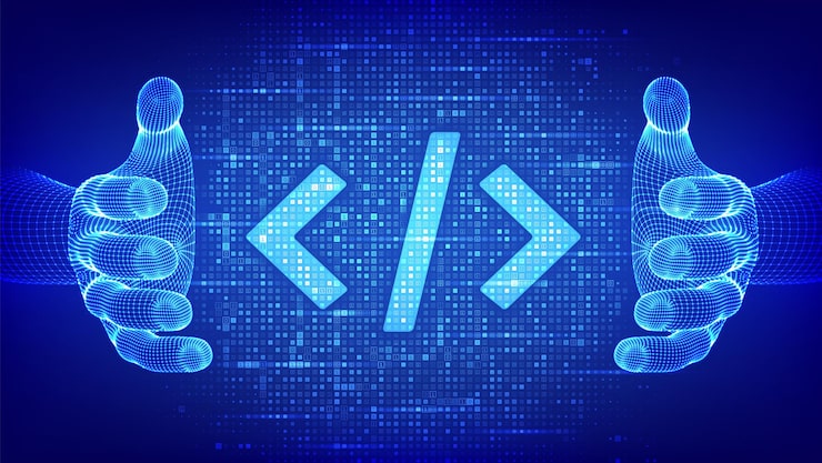 Vector programming code coding or hacker sign programming code icon made with binary code in wireframe hands digital binary data and digital code matrix background with digits 10 vector illustration