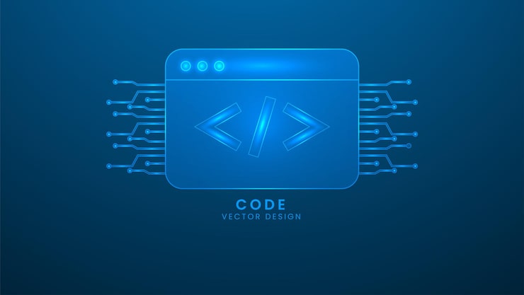 Vector programming code development computer programming and developing software illustration with light