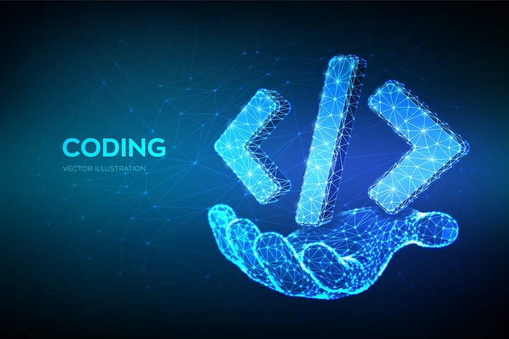 Vector programming code icon. 3d low polygonal abstract programming code symbol in hand. coding or hacker background.