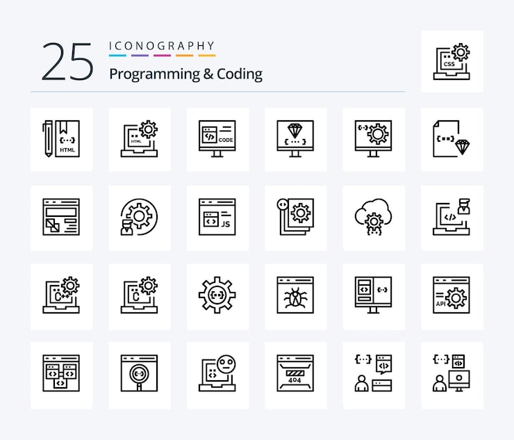 Vector programming and coding 25 line icon pack including development coding develop programming develop