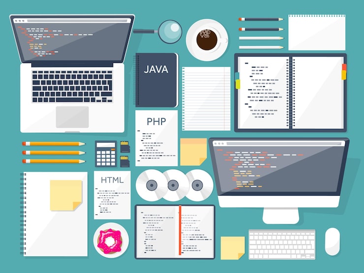 Vector programming coding flat computing background code hardware software web development search engine
