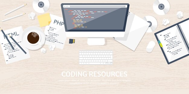 Vettore programmazione e codifica flat computing background code hardware software web development seo search