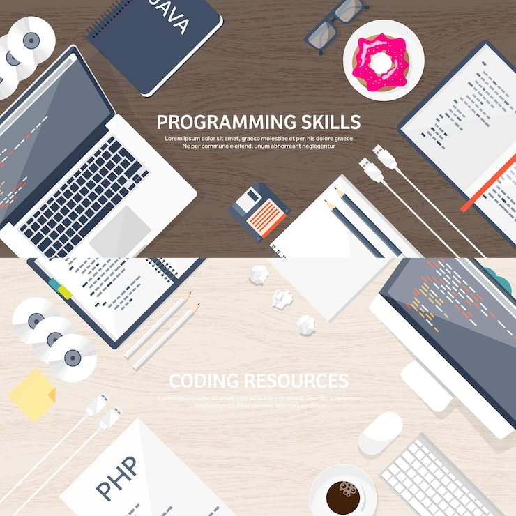 Vector programming and coding flat computing background code hardware software web development seo search