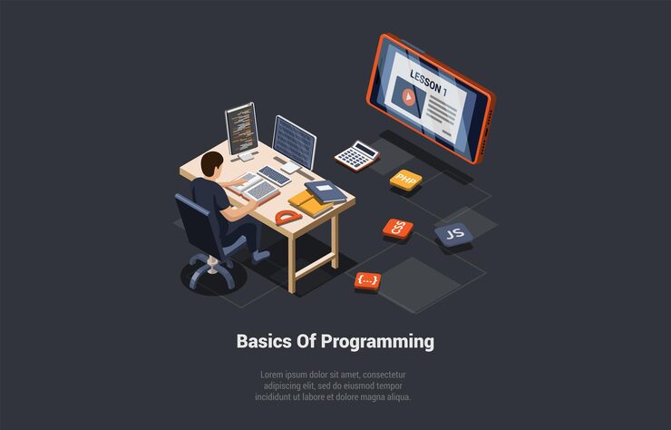 Vector programming and coding it online school for beginners learn basic programming languages frontend and backend apps programming man reading information in book isometric 3d vector illustration