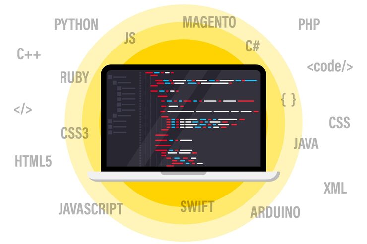 Vector programming and coding on laptop computer. best programming languages, flat web banner. software coding, testing, debugging. app development, creation. programming language and program code on screen