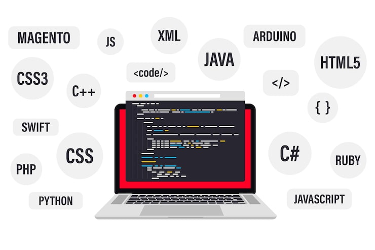 Vector programming and coding on laptop computer. best programming languages, flat web banner. software coding, testing, debugging. app development, creation. programming language and program code on screen
