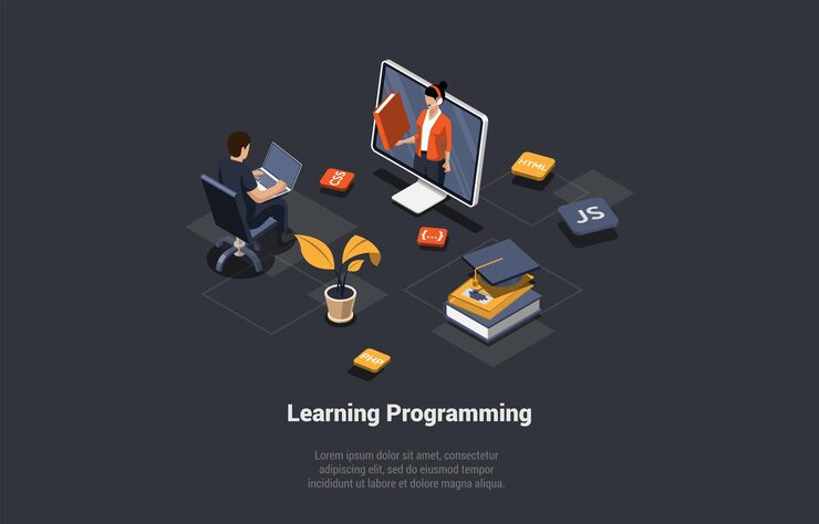 Vector programming and coding learning concept software coding testing debugging mobile apps programming seo search engine developer coding typing on laptop isometric 3d cartoon vector illustration