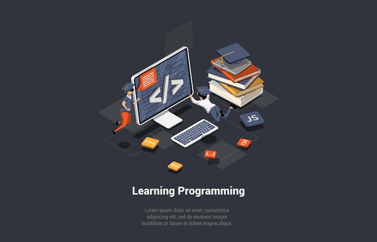 Vector programming and coding learning concept software coding testing debugging mobile apps programming seo search engine programming languages for code learning isometric 3d vector illustration