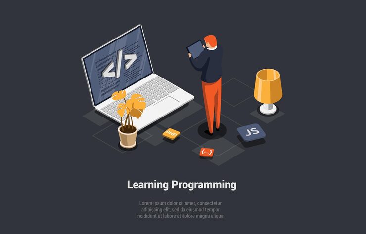 Vector programming and coding learning innovative big data solutions tools and programming and information frontend and backend apps programming man is coding on tablet isometric 3d vector illustration