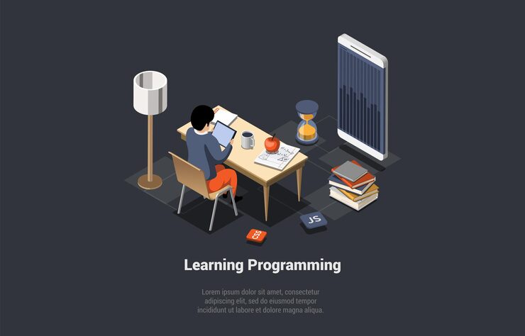 Vector programming and coding learning software coding testing debugging mobile apps programming seo search engine developer learning frontend mobile programming isometric 3d vector illustration