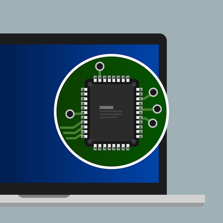 Vector programming coding line of text in laptop screen closeup of electronic circuit board with processor hardware