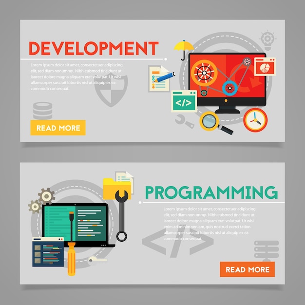 Vector programming and coding, scripting, graphic and webdesign, website development concepts. horizontal banners