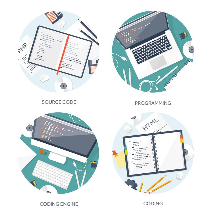 Vector programming coding and seo flat computing background code hardware software web development search