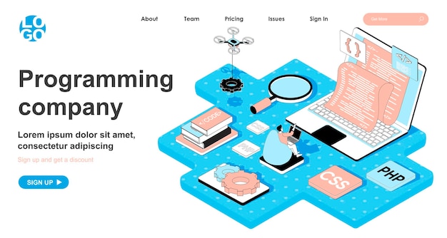 Vector programming company isometric concept in 3d design for landing page